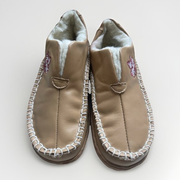 NIB ROOTS TAN LEATHER COMFORT SLIPPERS Cozy Faux Fur Lined Rubber Sole sz 8 - Picture 3 of 9